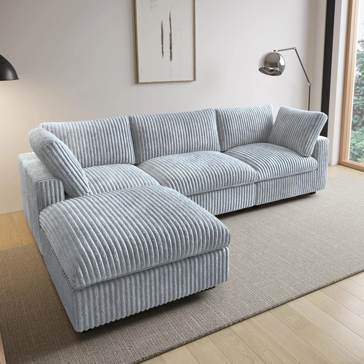 Deluxe Classic Cloud Sectional Sofas | Light Grey Plush Fabric Couch Sectionals 3-seaters with 1 Ottoman