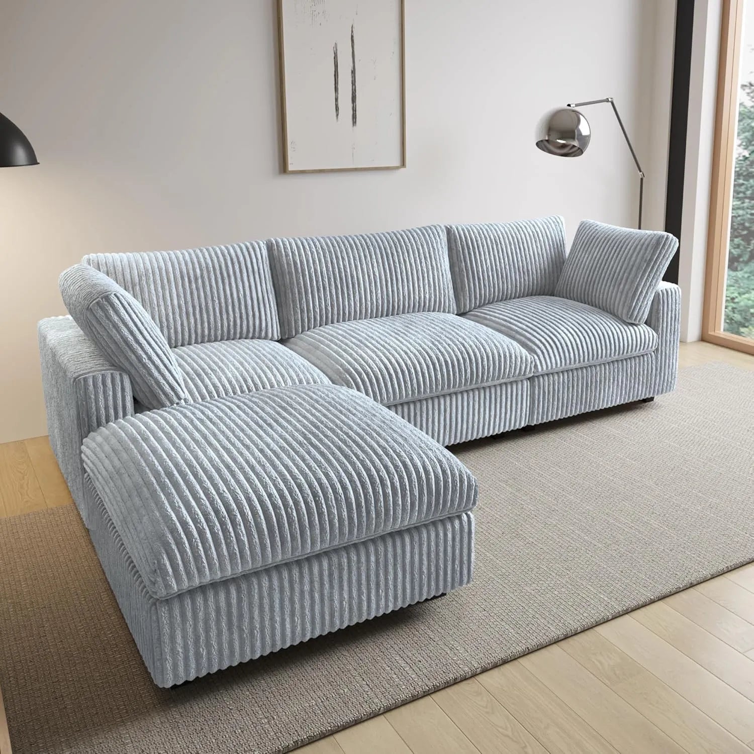 Deluxe Cloud 3-Seater Light-Grey Washable L-Shaped Sectional | 4-Piece (includes 1 Ottoman), Plush Fabric, Modular Design