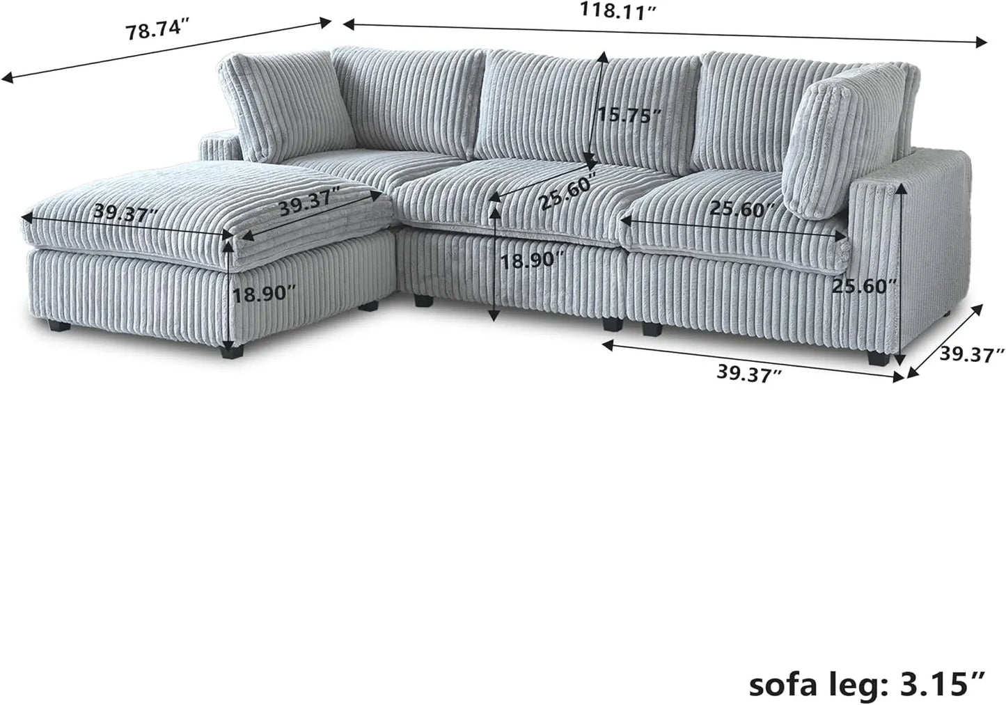 Deluxe Classic Cloud Sectional Sofas | Light Grey Plush Fabric Couch Sectionals 3-seaters with 1 Ottoman
