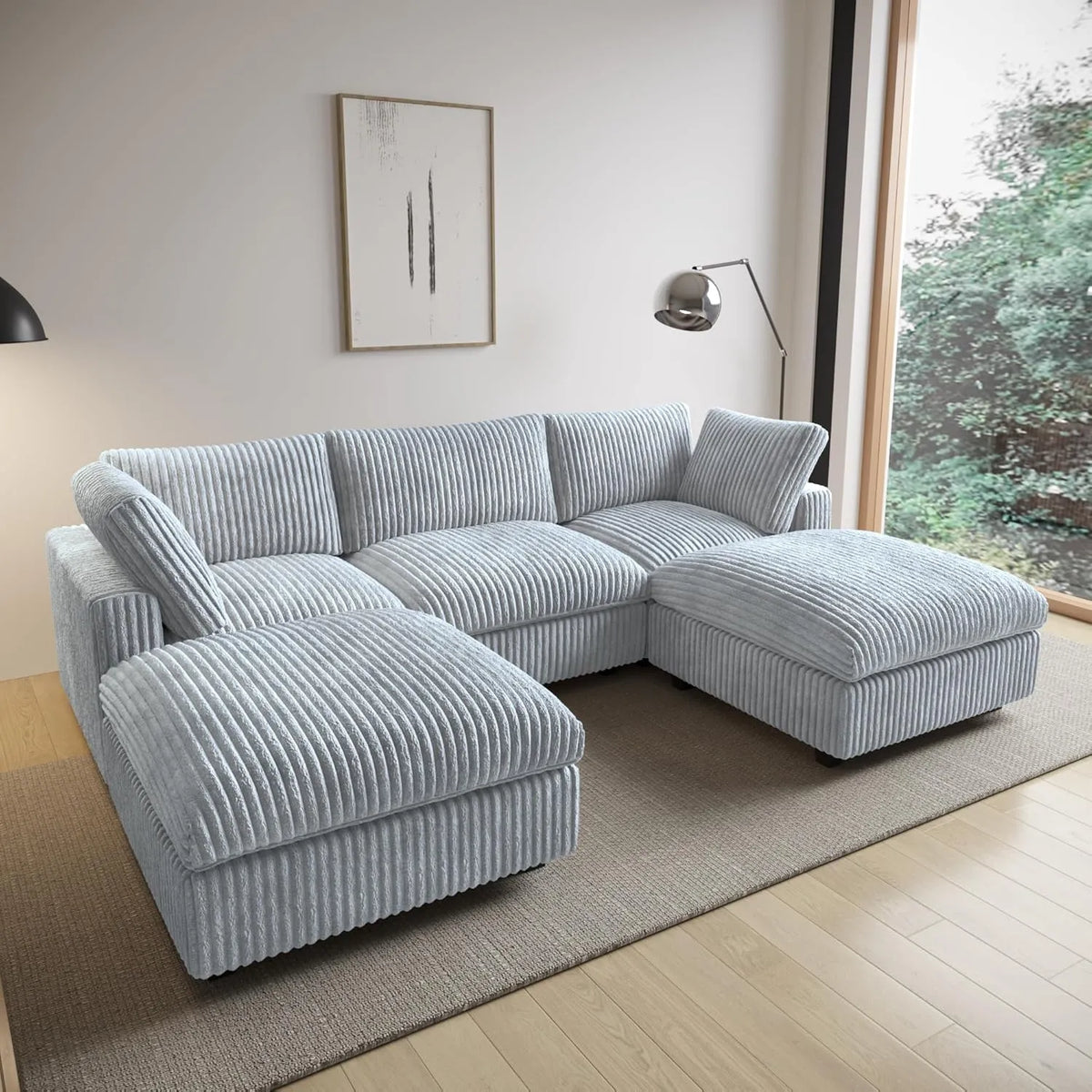 Deluxe Cloud 3-Seater Light-Grey Washable U-Shaped Sectional | 5-Piece (includes 2 Ottomans), Plush Fabric, Modular Design