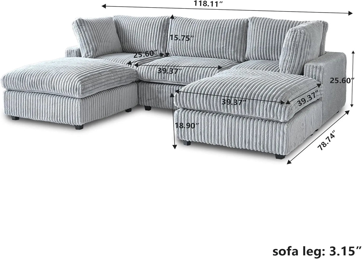 Deluxe Cloud 3-Seater Light-Grey Washable U-Shaped Sectional | 5-Piece (includes 2 Ottomans), Plush Fabric, Modular Design