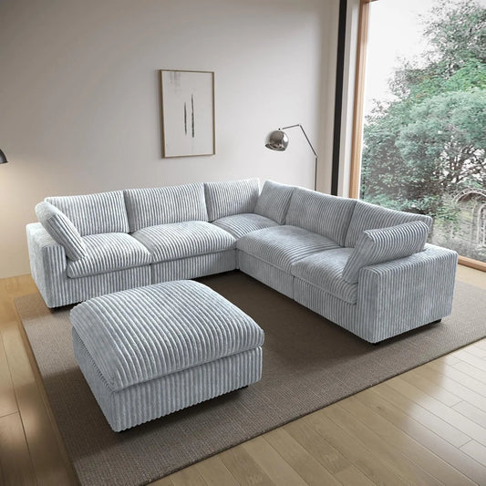 Deluxe Classic Cloud Sectional Sofas | Light Grey Plush Fabric U shaped Sectionals 5-seaters with 1 Ottoman