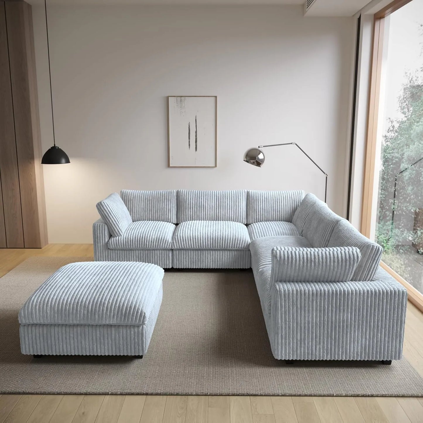 Deluxe Classic Cloud Sectional Sofas | Light Grey Plush Fabric U shaped Sectionals 5-seaters with 1 Ottoman