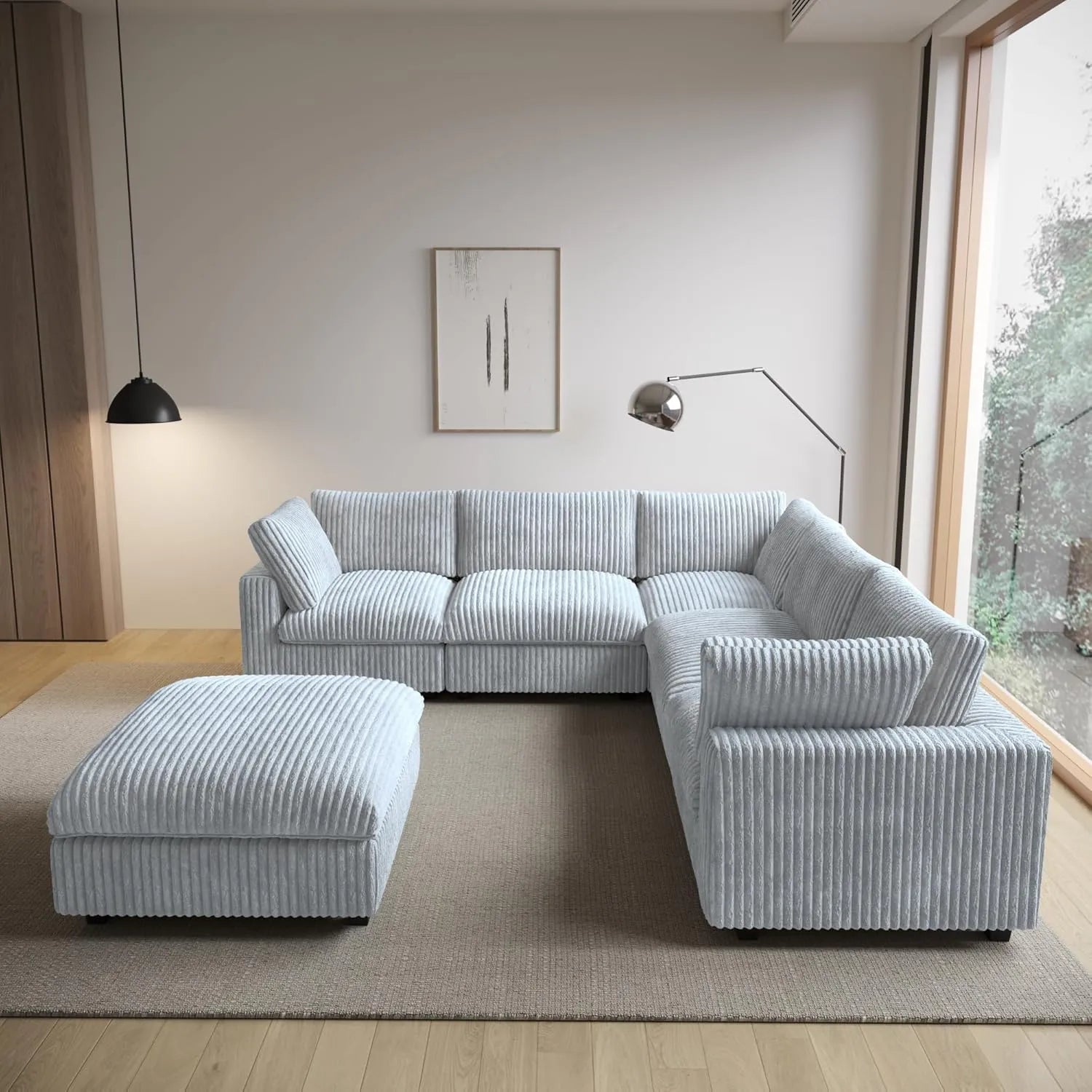 Sofá de lujo Cloud de 5 plazas, color gris claro, lavable | 6 piezas (incluye 1 otomana), tela de felpa, diseño modular