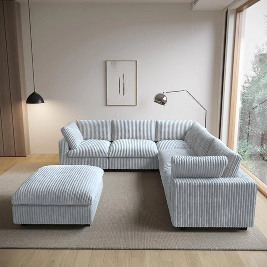 Deluxe Classic Cloud Sectional Sofas | Light Grey Plush Fabric U shaped Sectionals 5-seaters with 1 Ottoman