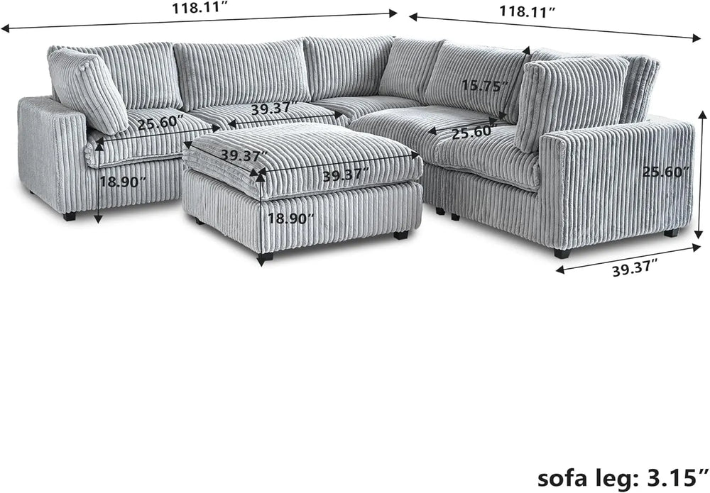 Deluxe Classic Cloud Sectional Sofas | Light Grey Plush Fabric U shaped Sectionals 5-seaters with 1 Ottoman