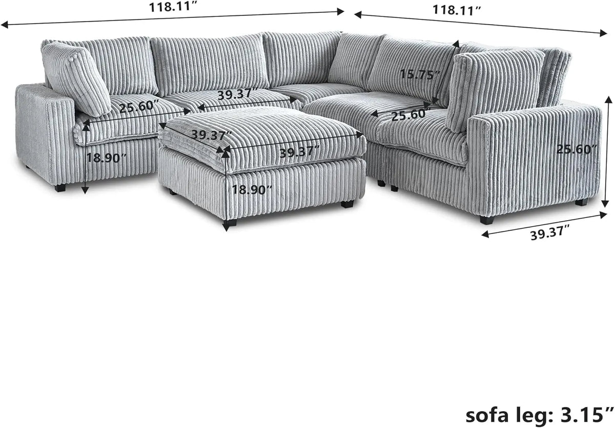 Deluxe Cloud 5-Seater Light-Grey Washable Sofa Set | 6-Piece (includes 1 Ottoman), Plush Fabric, Modular Design