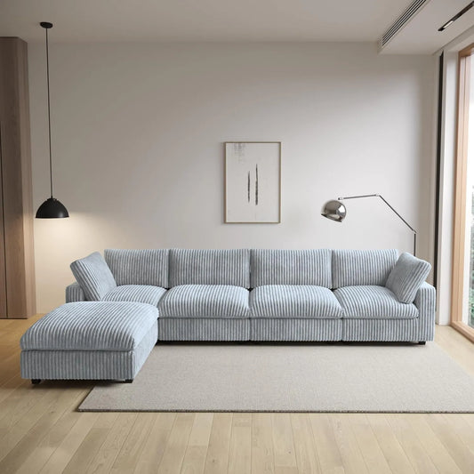 Deluxe Classic Cloud Sectional Sofas | Light Grey Plush Fabric L shaped Sectionals 4-seaters with 1 Ottoman