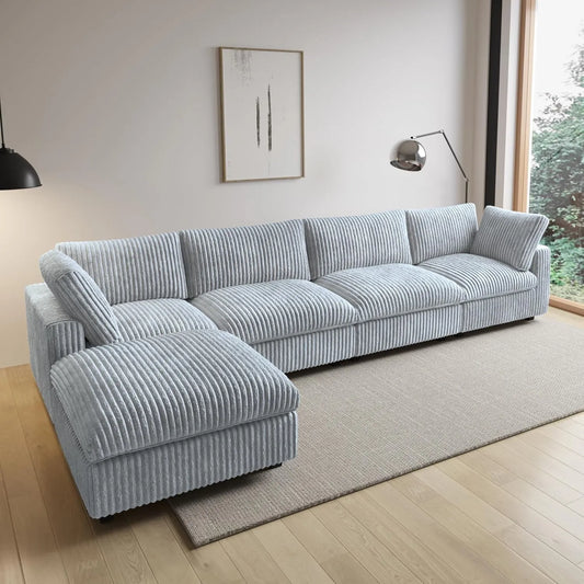 Deluxe Classic Cloud Sectional Sofas | Light Grey Plush Fabric L shaped Sectionals 4-seaters with 1 Ottoman
