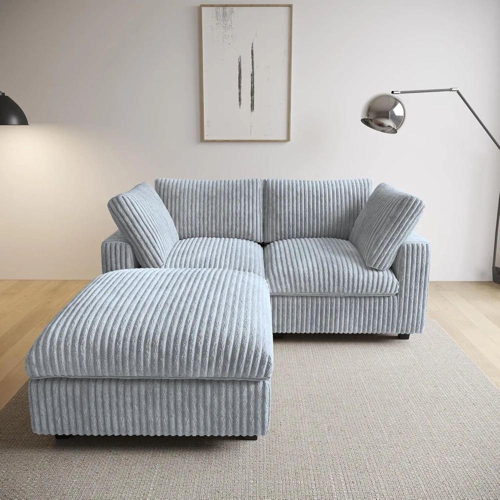 Deluxe Classic Cloud Sectional Sofas | Light Grey Plush Fabric Loveseats 2-seaters with 1 Ottoman