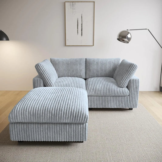Deluxe Classic Cloud Sectional Sofas | Light Grey Plush Fabric Loveseats 2-seaters with 1 Ottoman