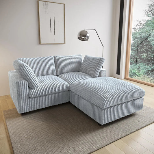 Deluxe Classic Cloud Sectional Sofas | Light Grey Plush Fabric Loveseats 2-seaters with 1 Ottoman