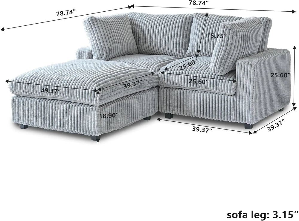 Deluxe Classic Cloud Sectional Sofas | Light Grey Plush Fabric Loveseats 2-seaters with 1 Ottoman
