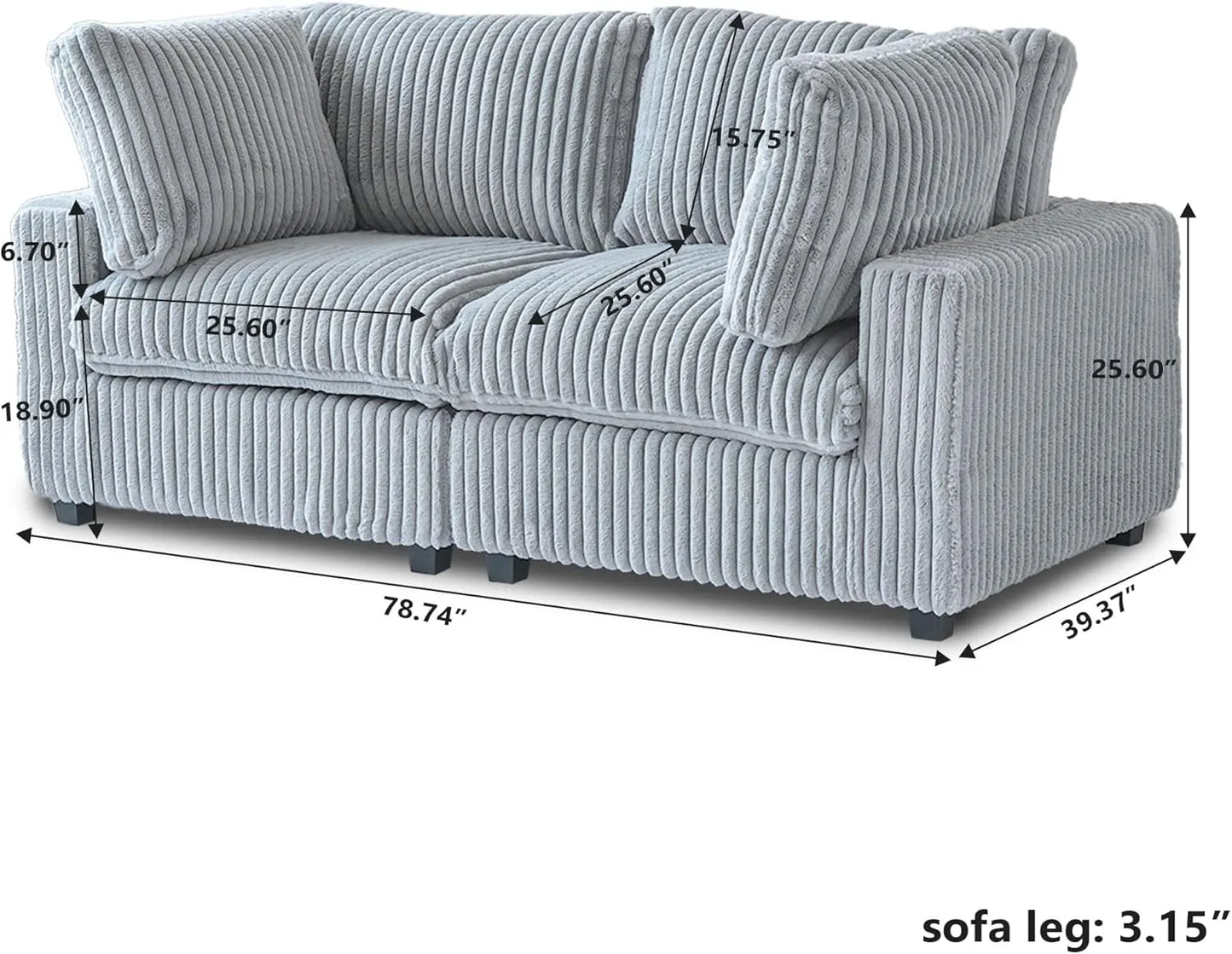 Deluxe Classic Cloud Sectional Sofas | Light Grey Plush Fabric Loveseats 2-seaters