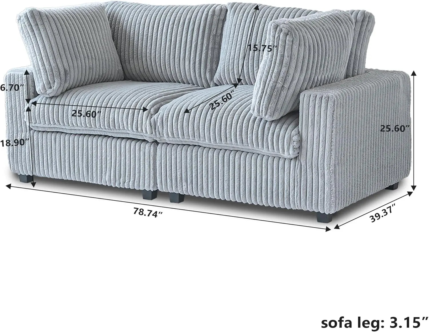 Sofá de dos plazas Deluxe Cloud, lavable, color gris claro | 2 piezas, tela de felpa, diseño modular
