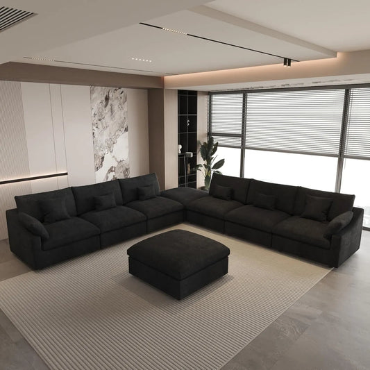 Deluxe Slope Cloud Sectional Sofas | Linen Black Sofa Sets 160" Adjustable Backrest Pillows 6-seaters