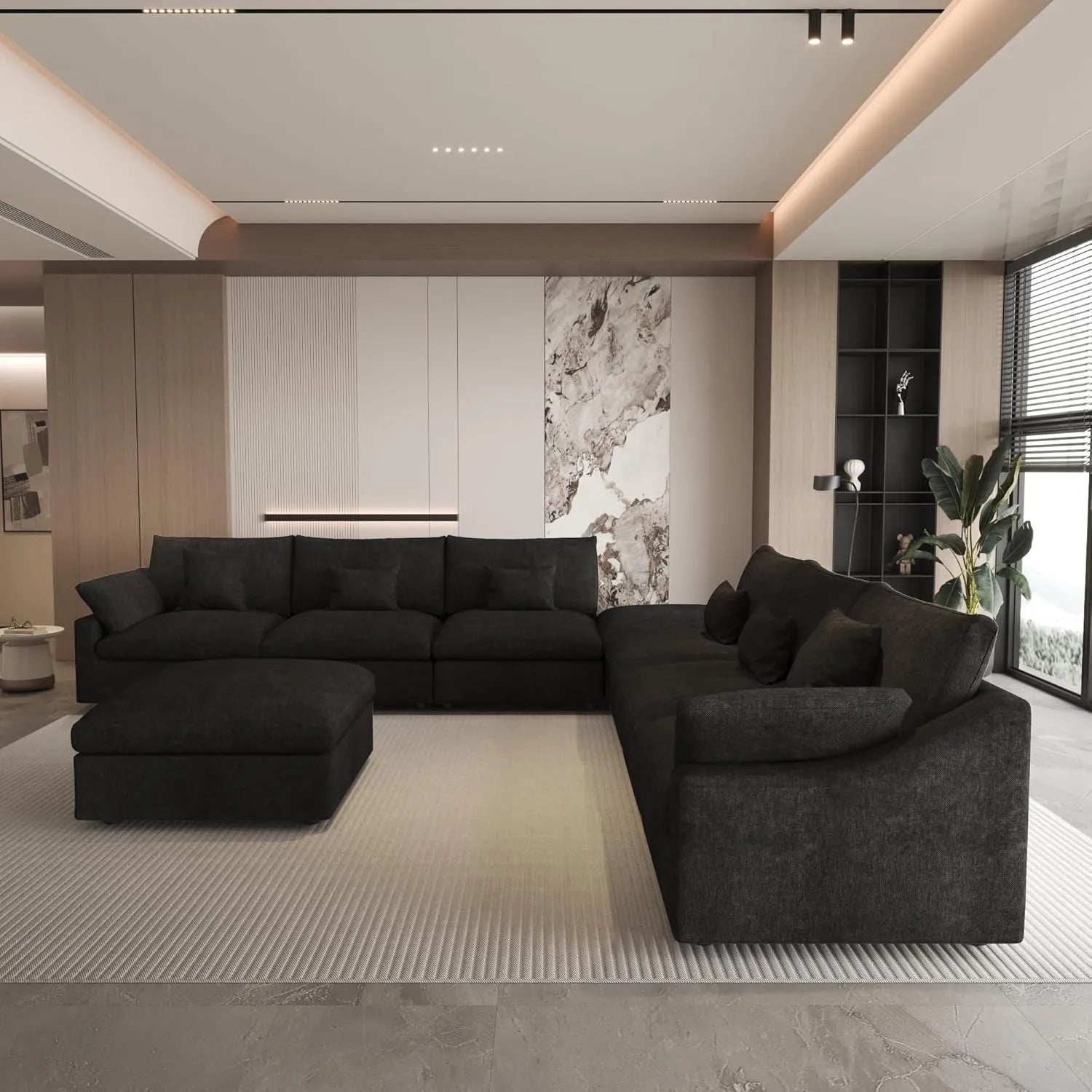 Sofá de lujo Cloud de 6 plazas, color negro, lavable | 8 piezas (incluye 2 otomanas), tejido de chenilla y lino, diseño modular