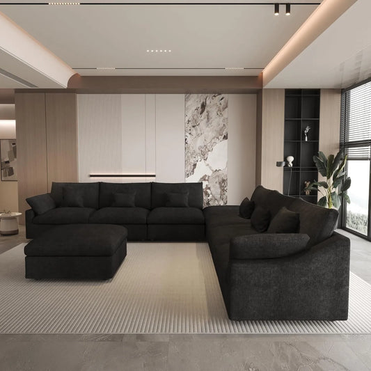 Deluxe Slope Cloud Sectional Sofas | Linen Black Sofa Sets 160" Adjustable Backrest Pillows 6-seaters