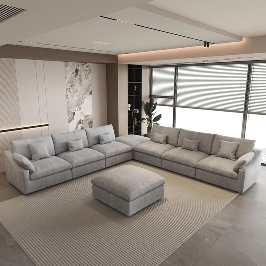 Deluxe Slope Cloud Sectional Sofas | Linen Light Grey Sofa Sets 160" Adjustable Backrest Pillows 6-seaters