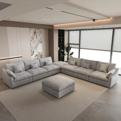 Deluxe Slope Cloud Sectional Sofas | Linen Light Grey Sofa Sets 160" Adjustable Backrest Pillows 6-seaters