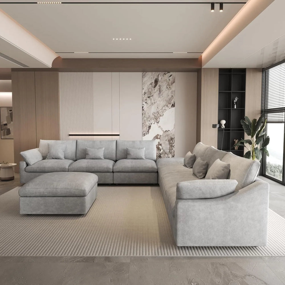 Deluxe Slope Cloud Sectional Sofas | Linen Light Grey Sofa Sets 160" Adjustable Backrest Pillows 6-seaters