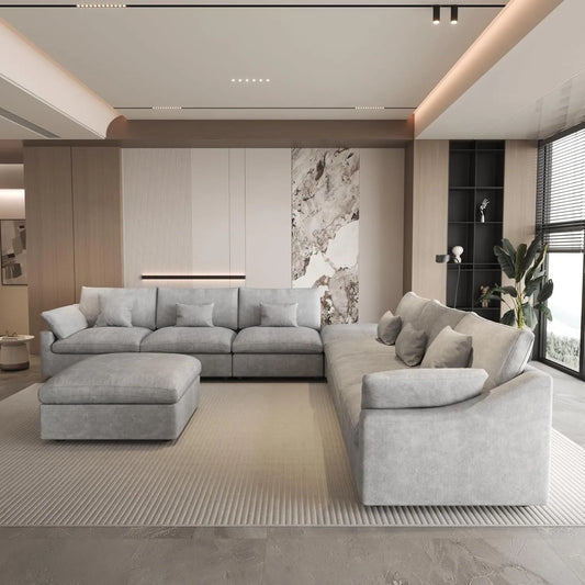 Deluxe Slope Cloud Sectional Sofas | Linen Light Grey Sofa Sets 160" Adjustable Backrest Pillows 6-seaters