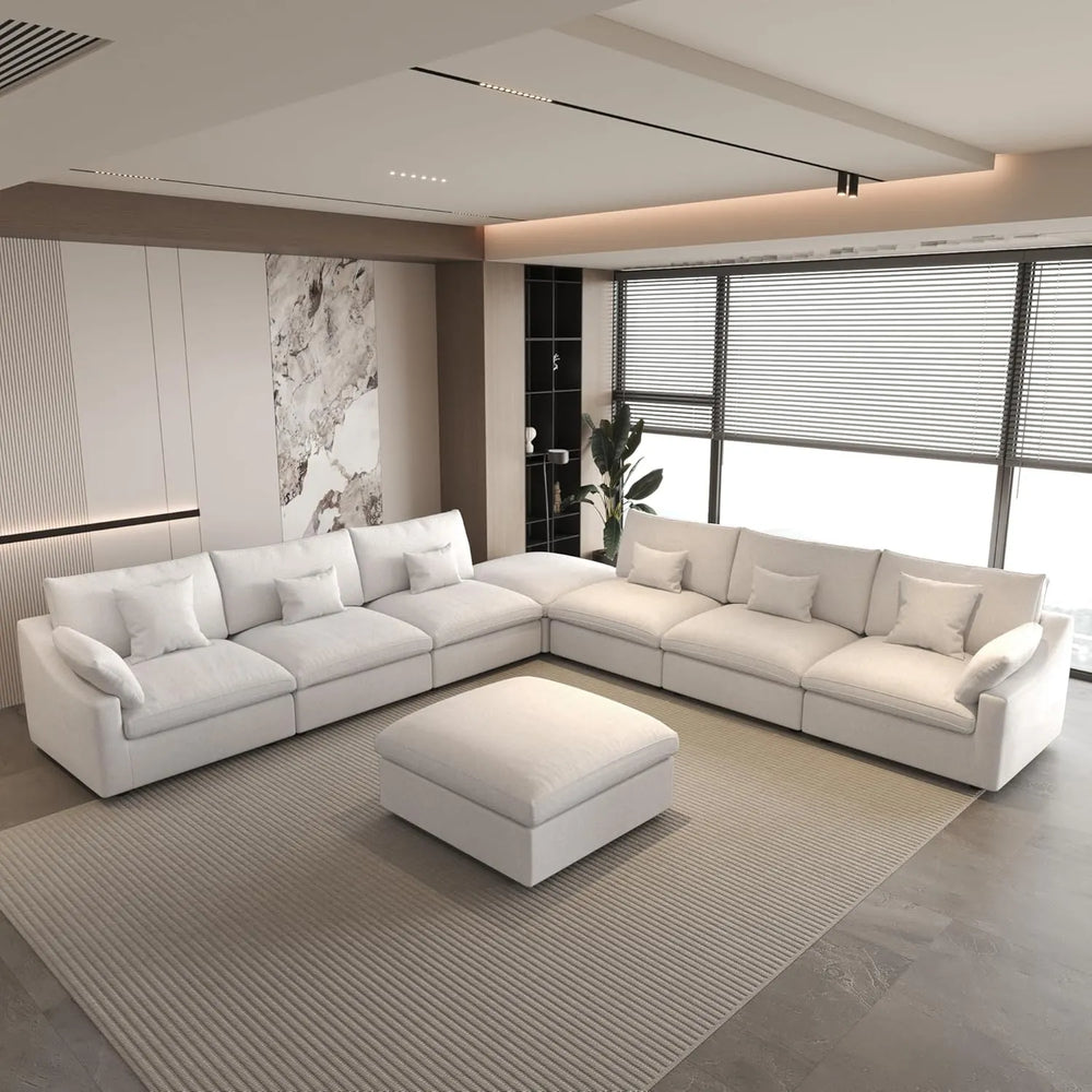 Deluxe Slope Cloud Sectional Sofas | Linen White Sofa Sets 160" Adjustable Backrest Pillows 6-seaters