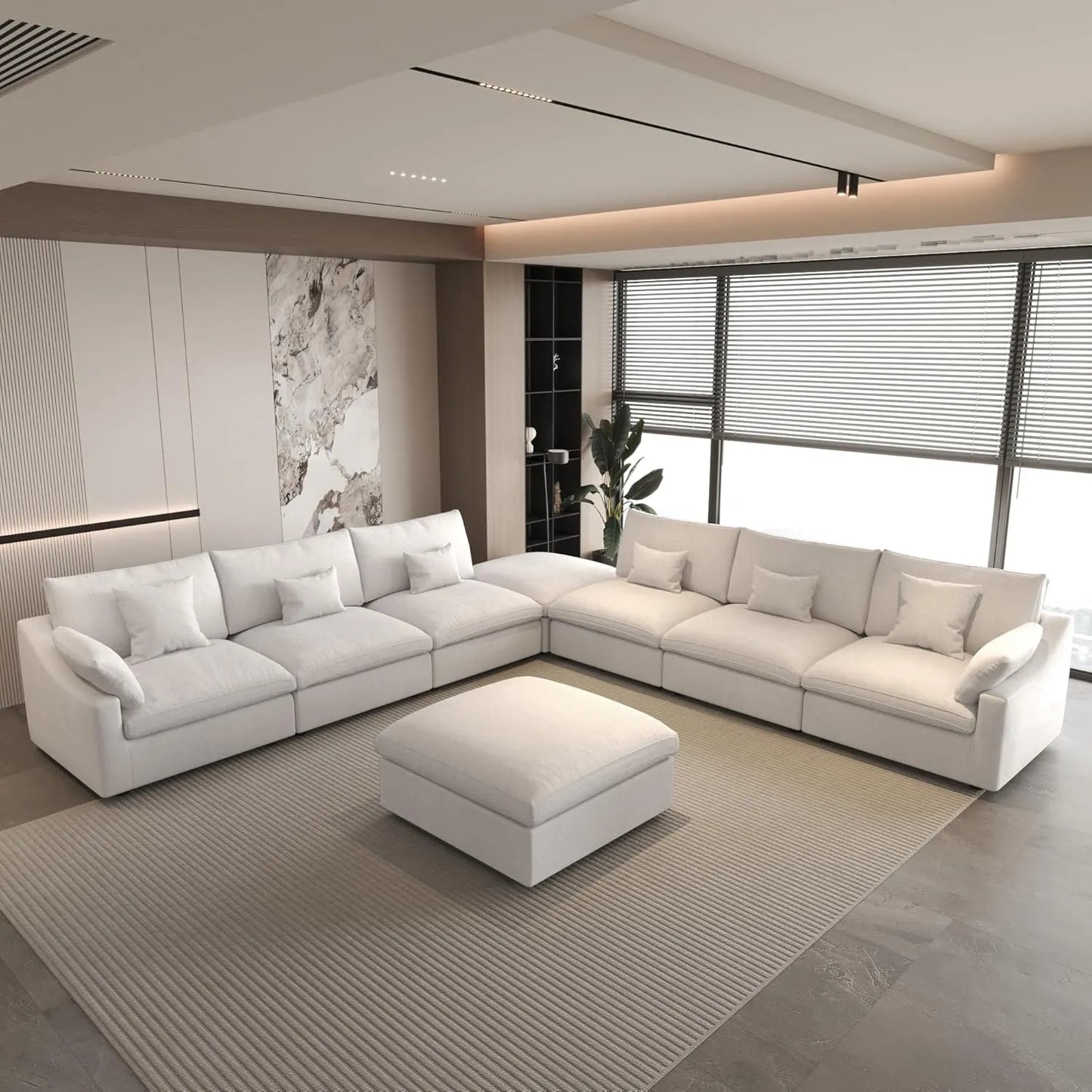 Deluxe Slope Cloud Sectional Sofas | Linen White Sofa Sets 160" Adjustable Backrest Pillows 6-seaters