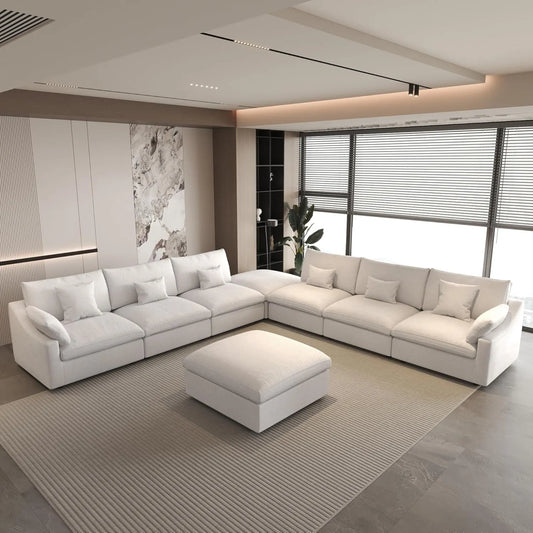 Deluxe Slope Cloud Sectional Sofas | Linen White Sofa Sets 160" Adjustable Backrest Pillows 6-seaters