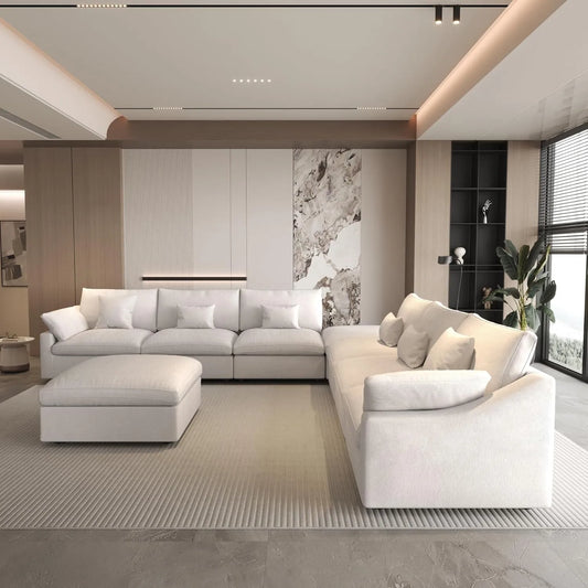 Deluxe Slope Cloud Sectional Sofas | Linen White Sofa Sets 160" Adjustable Backrest Pillows 6-seaters