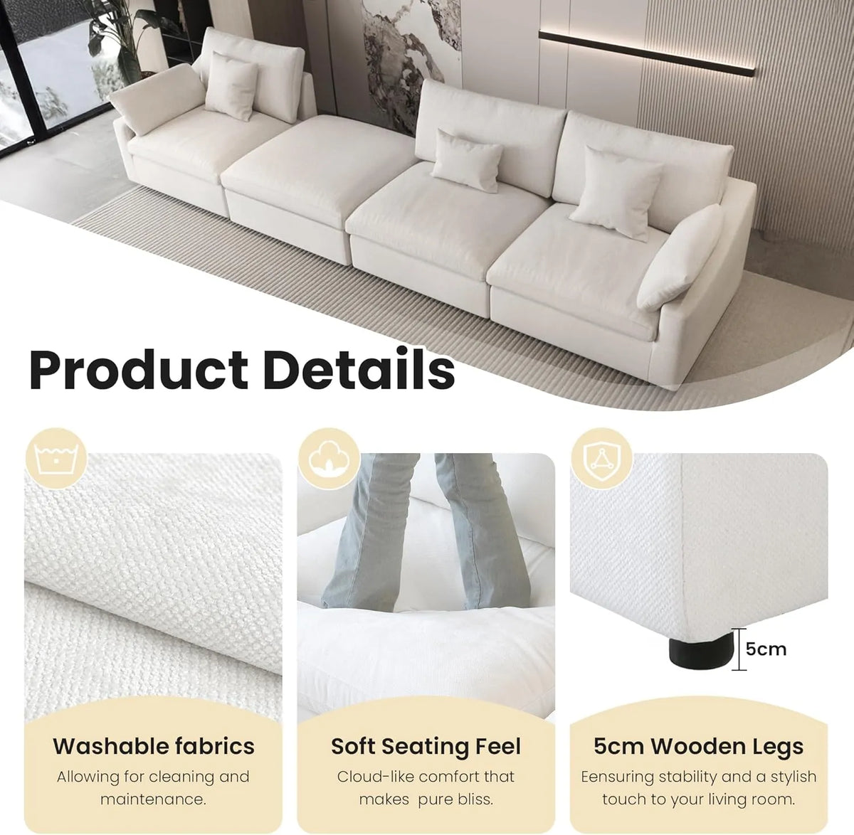 Sofá de lujo Cloud de 6 plazas, blanco, lavable | 8 piezas (incluye 2 otomanas), tela de chenilla y lino, diseño modular