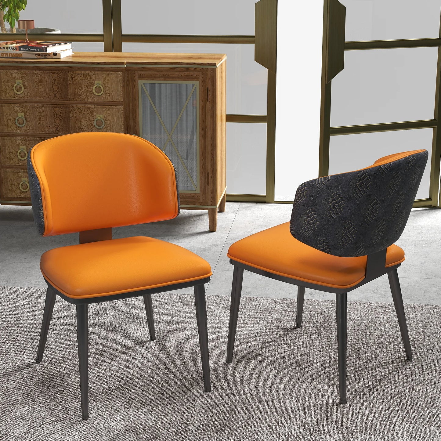 Vegan Wing Back Dining Chair | Orange PU Leather Set of 2