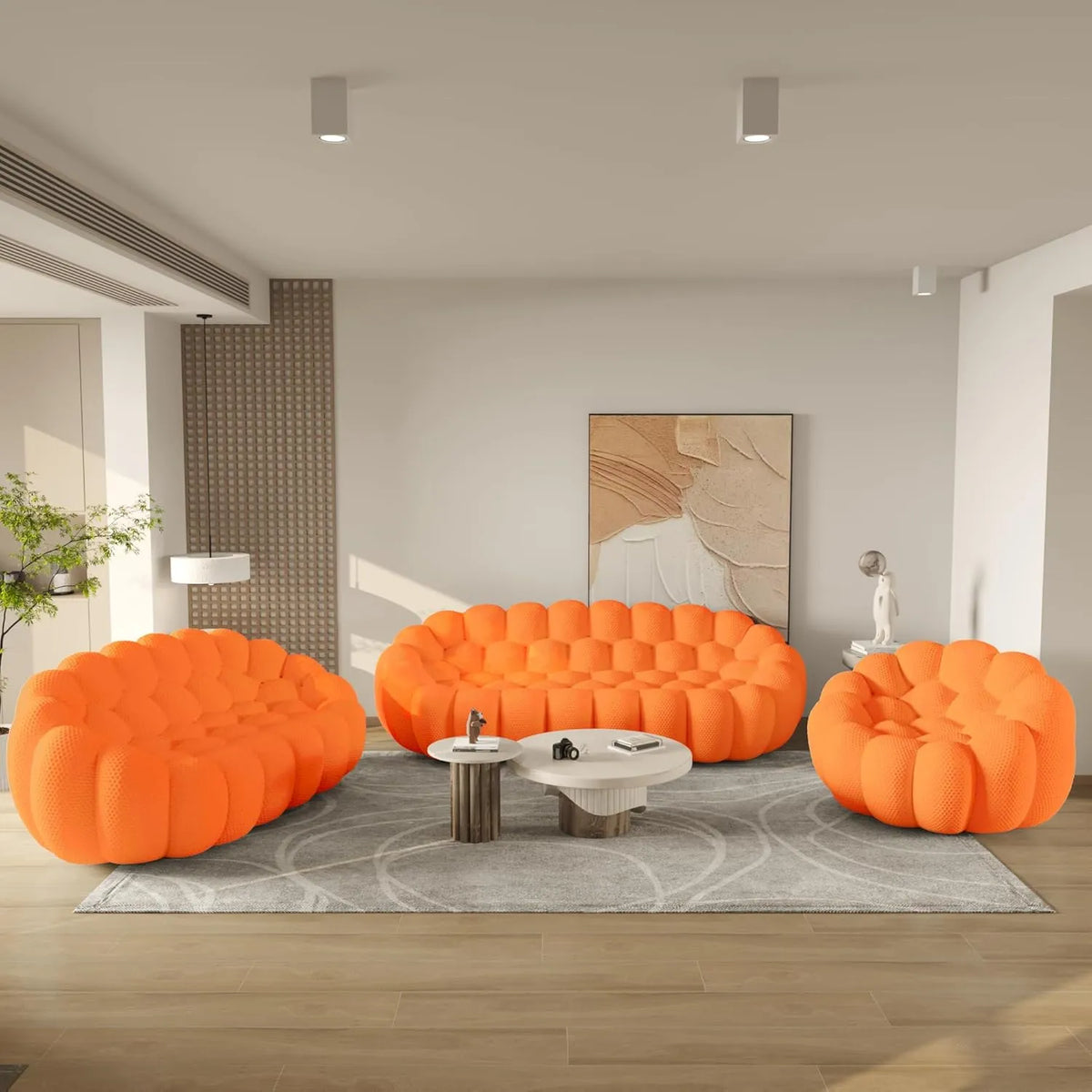 Essential 6-Seater orange 3D-Knitted Fabric Sofa Sets | 3-Piece, 3D-Knitted Fabric, Compact Design