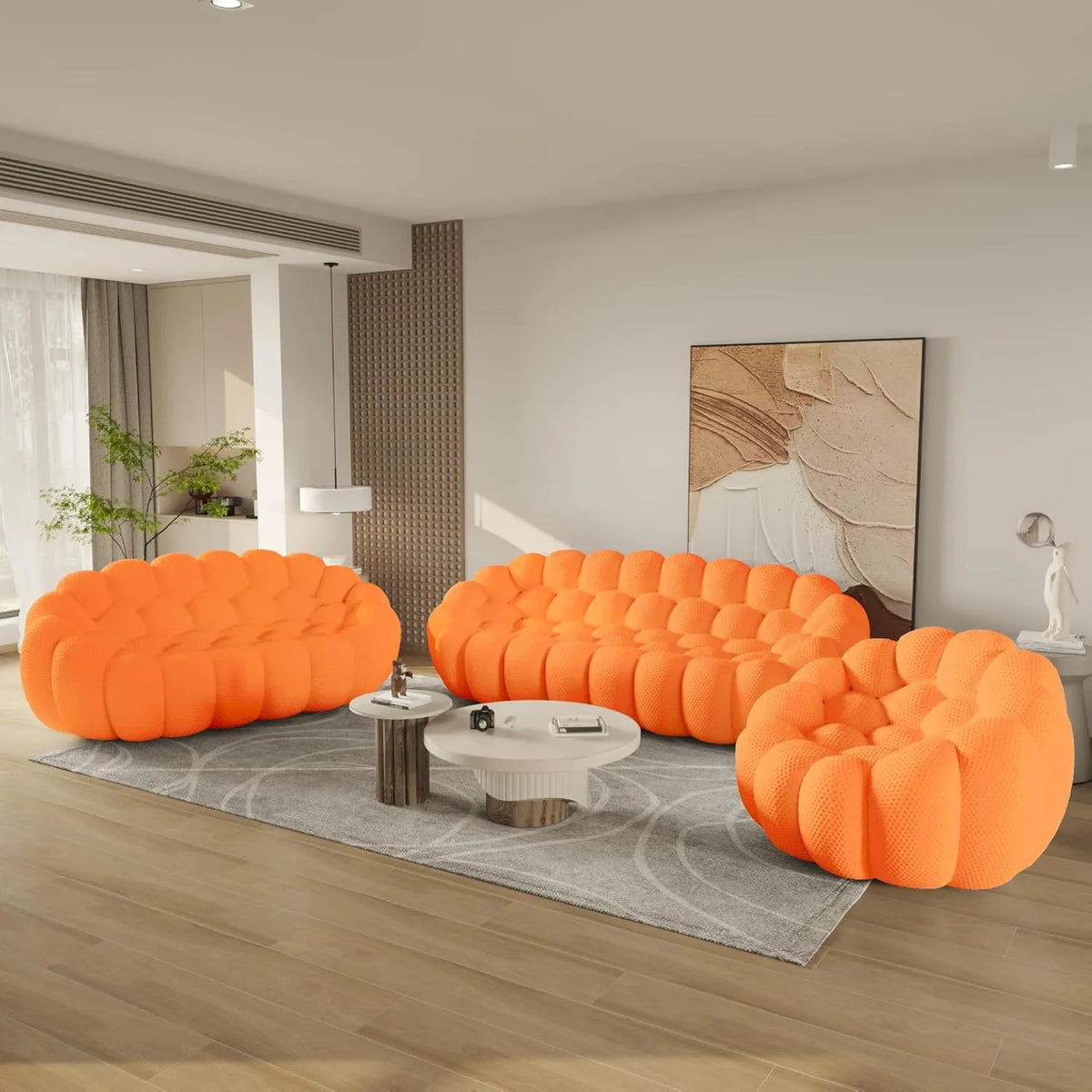 Essential 6-Seater orange 3D-Knitted Fabric Sofa Sets | 3-Piece, 3D-Knitted Fabric, Compact Design