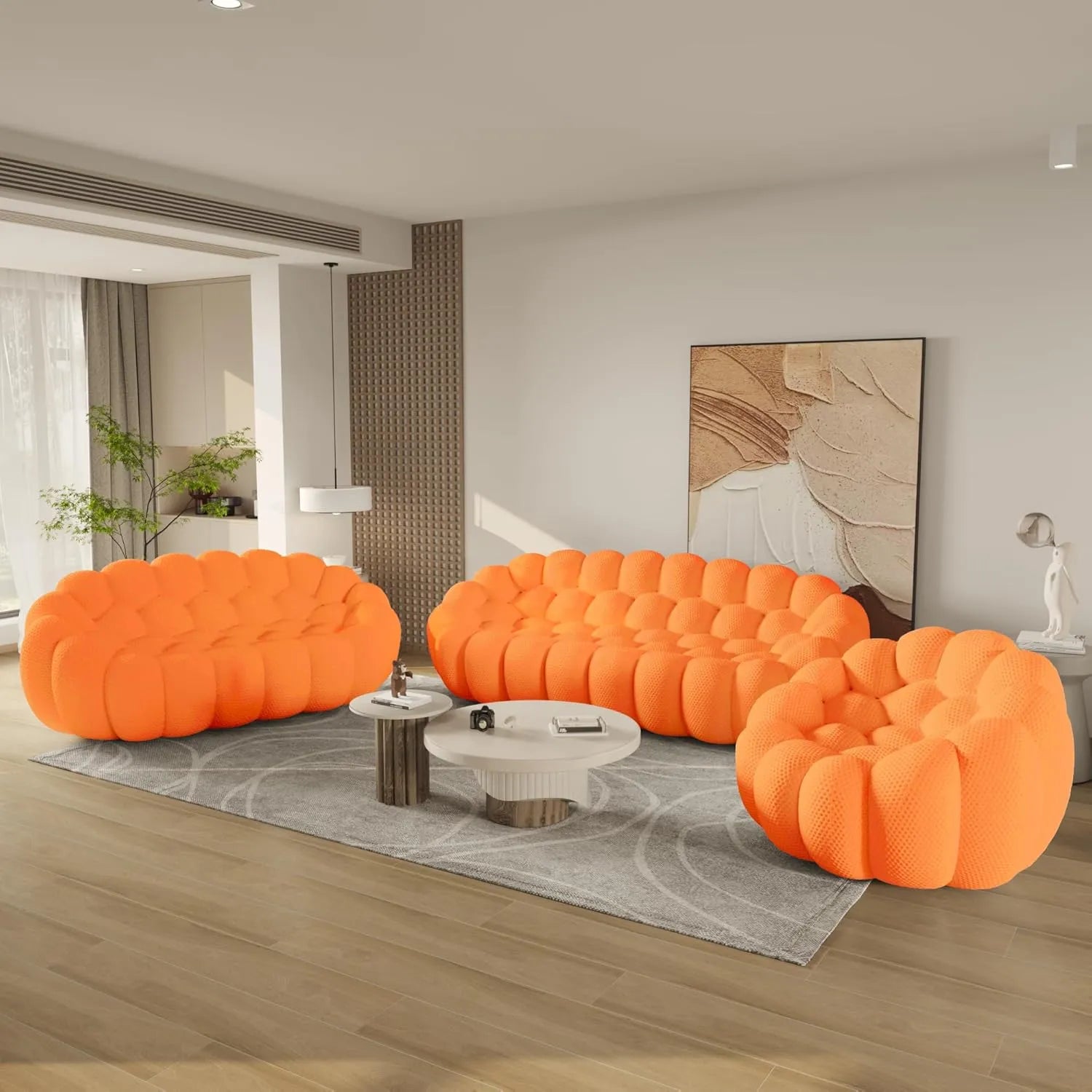 Essential 6-Seater orange 3D-Knitted Fabric Sofa Sets | 3-Piece, 3D-Knitted Fabric, Compact Design