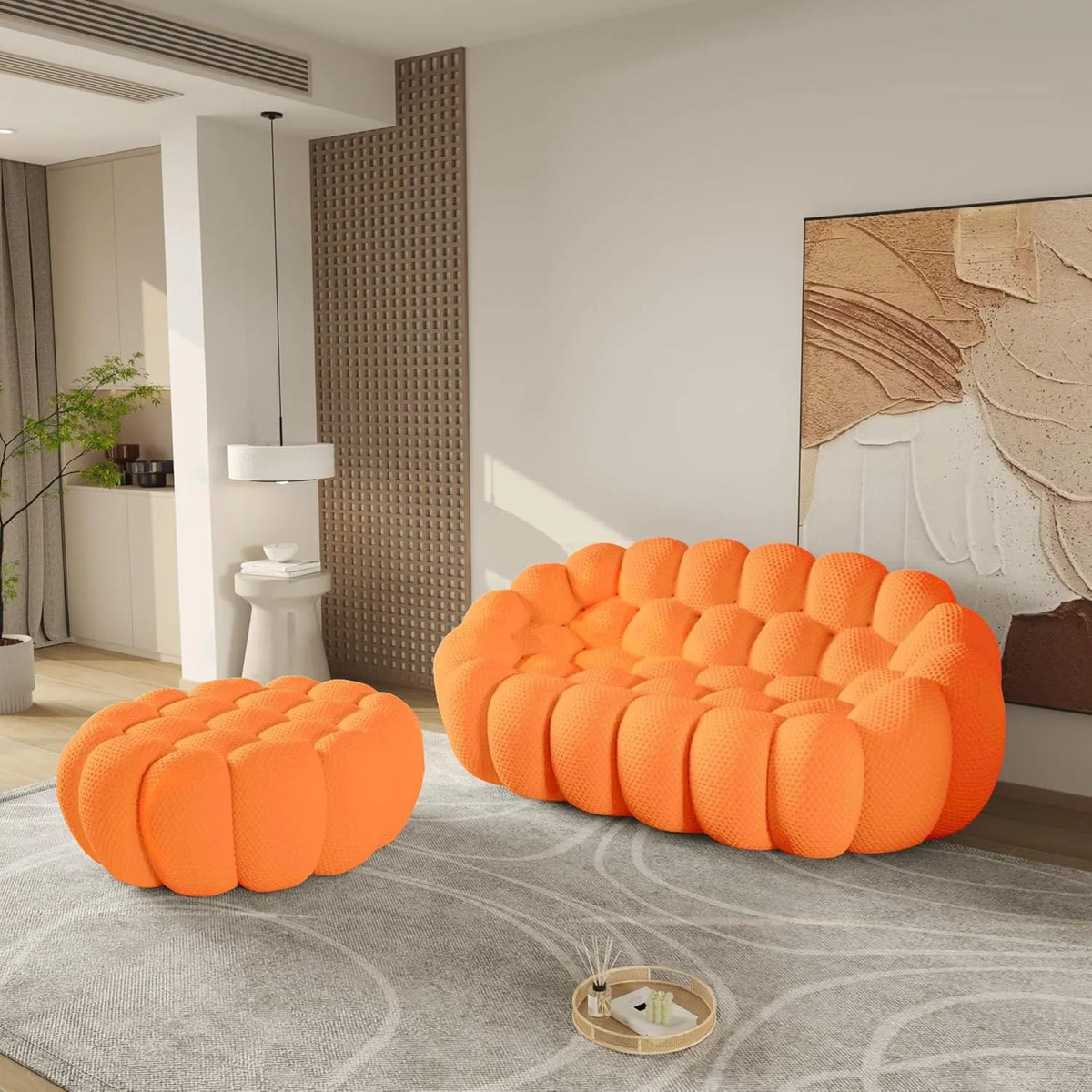 Essential 2-Seater orange 3D-Knitted Fabric Chaise Sectionals | 2-Piece (includes 1 Ottoman), 3D-Knitted Fabric, Apartment Friendly