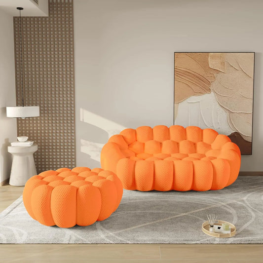Essential Floor Sofas | Orange 3D Knitted Fabric Loveseats 2-seaters with 1 Ottoman