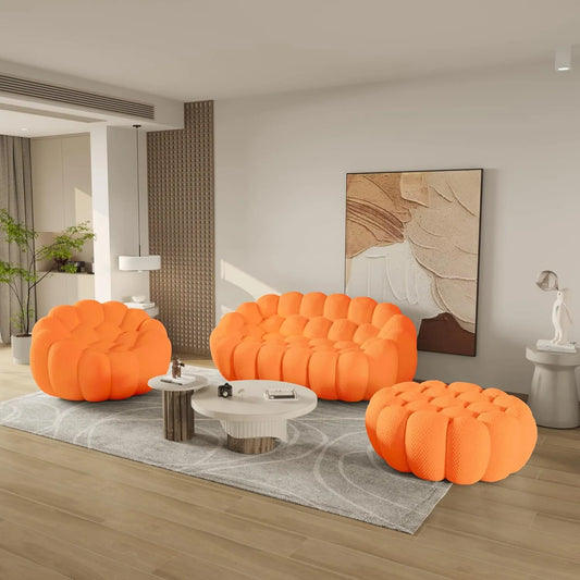 Essential Floor Sofas | 3-Piece Orange 3D Knitted Fabric Sofa Sets 3-seaters
