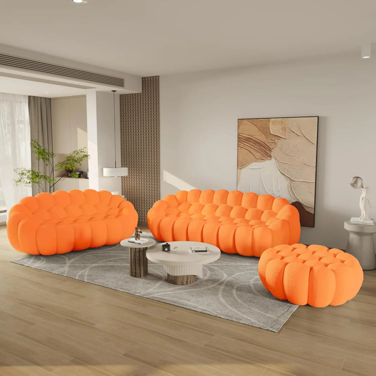 Essential Floor Sofas | 3-Piece Orange 3D Knitted Fabric Sofa Sets 5-Seater