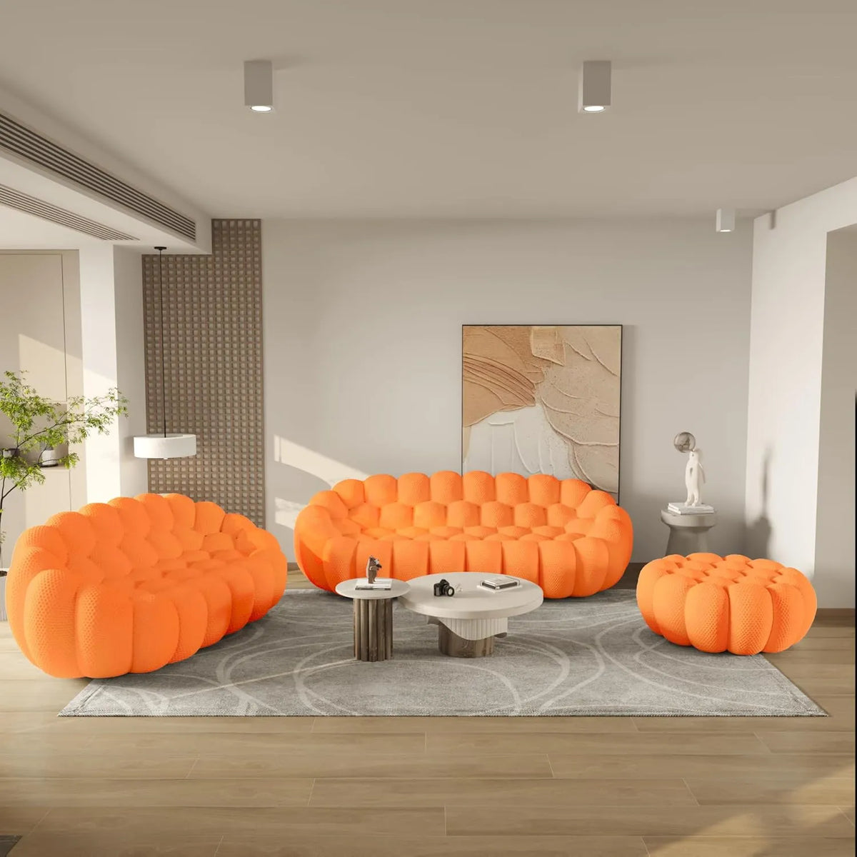 Essential Floor Sofas | 3-Piece Orange 3D Knitted Fabric Sofa Sets 5-Seater