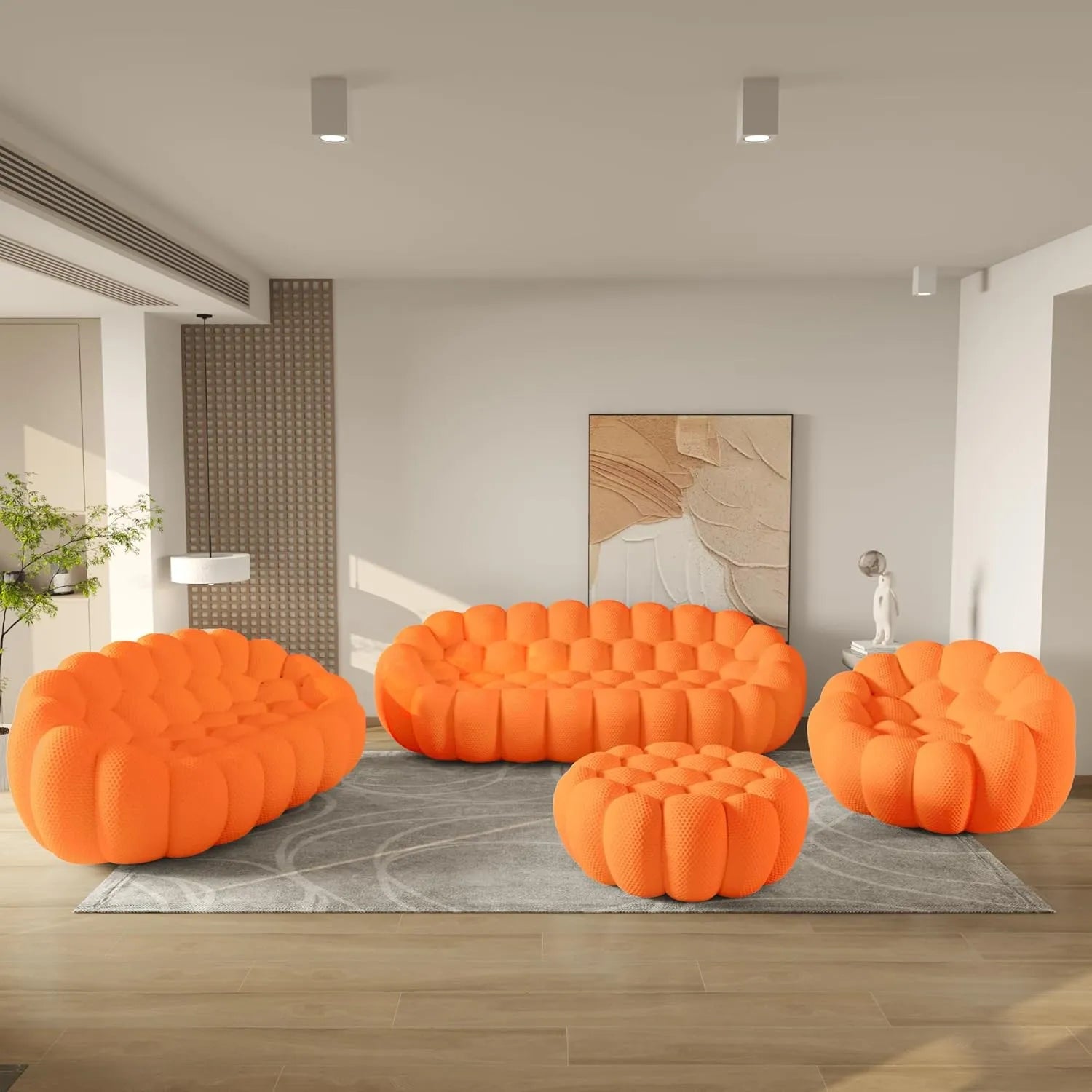 Essential 6-Seater orange 3D-Knitted Fabric Sofa Sets | 4-Piece (includes 1 Ottoman), 3D-Knitted Fabric, Large Space