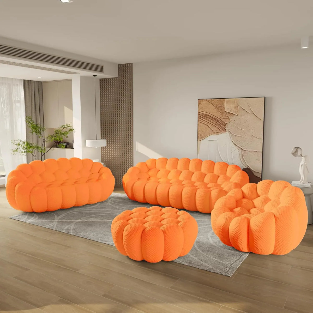 Sofás esenciales de 6 plazas de tela tejida en 3D naranja | 4 piezas (incluye 1 otomana), tela tejida en 3D, amplio espacio