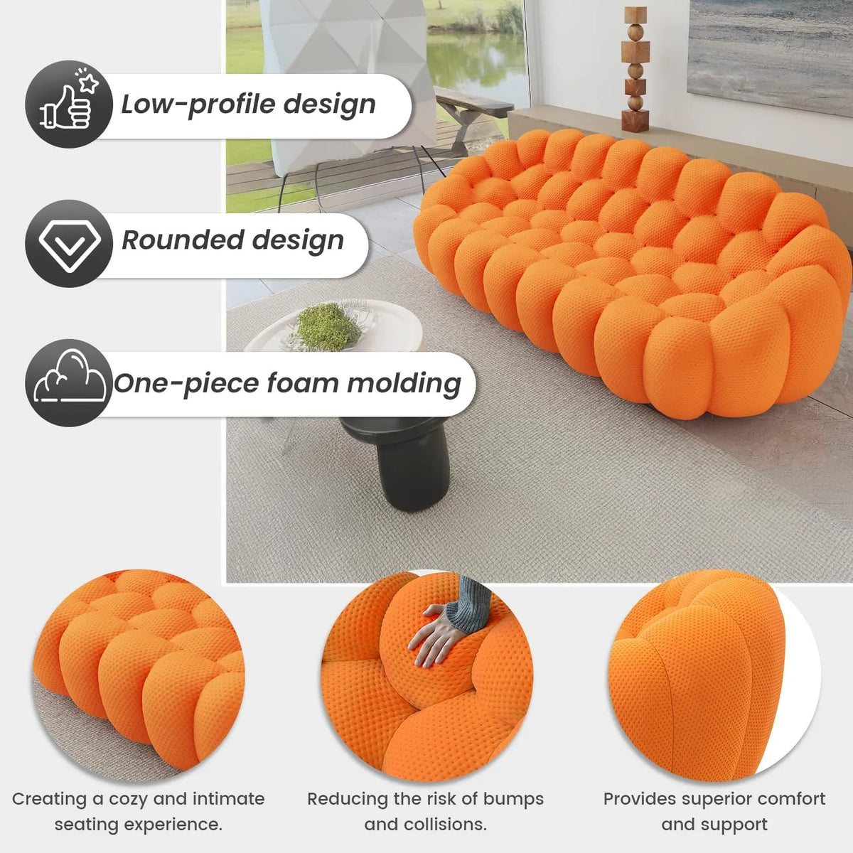 Essential Floor Sofas | 3-Piece Orange 3D Knitted Fabric Sofa Sets 5-Seater