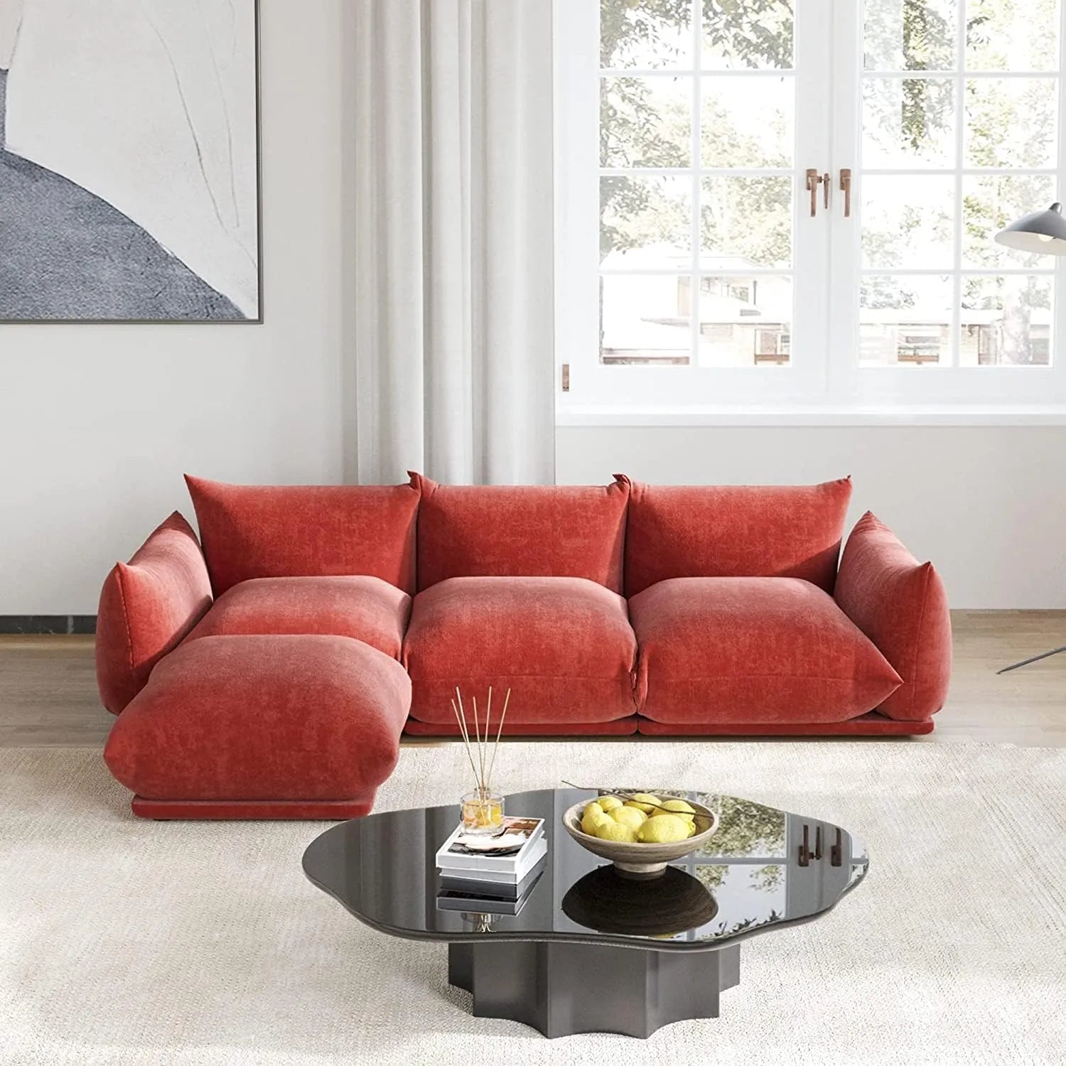 Matrix 3-Seater Orange Modular L-Shaped Sectional | 4-Piece (includes 1 Ottoman), Chenille Fabric, Large Space