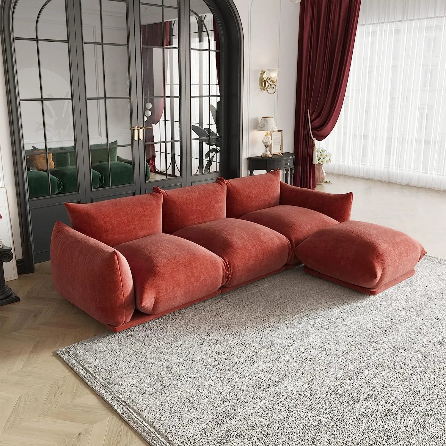 Matrix 3-Seater Orange Modular L-Shaped Sectional | 4-Piece (includes 1 Ottoman), Chenille Fabric, Large Space