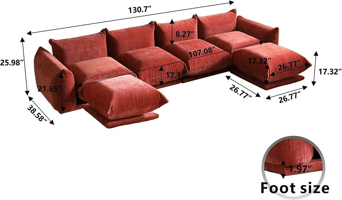 Sofá modular en forma de U Matrix de 4 plazas, color naranja | Juego de 6 piezas (incluye 2 otomanas), tejido de chenilla, diseño espacioso.