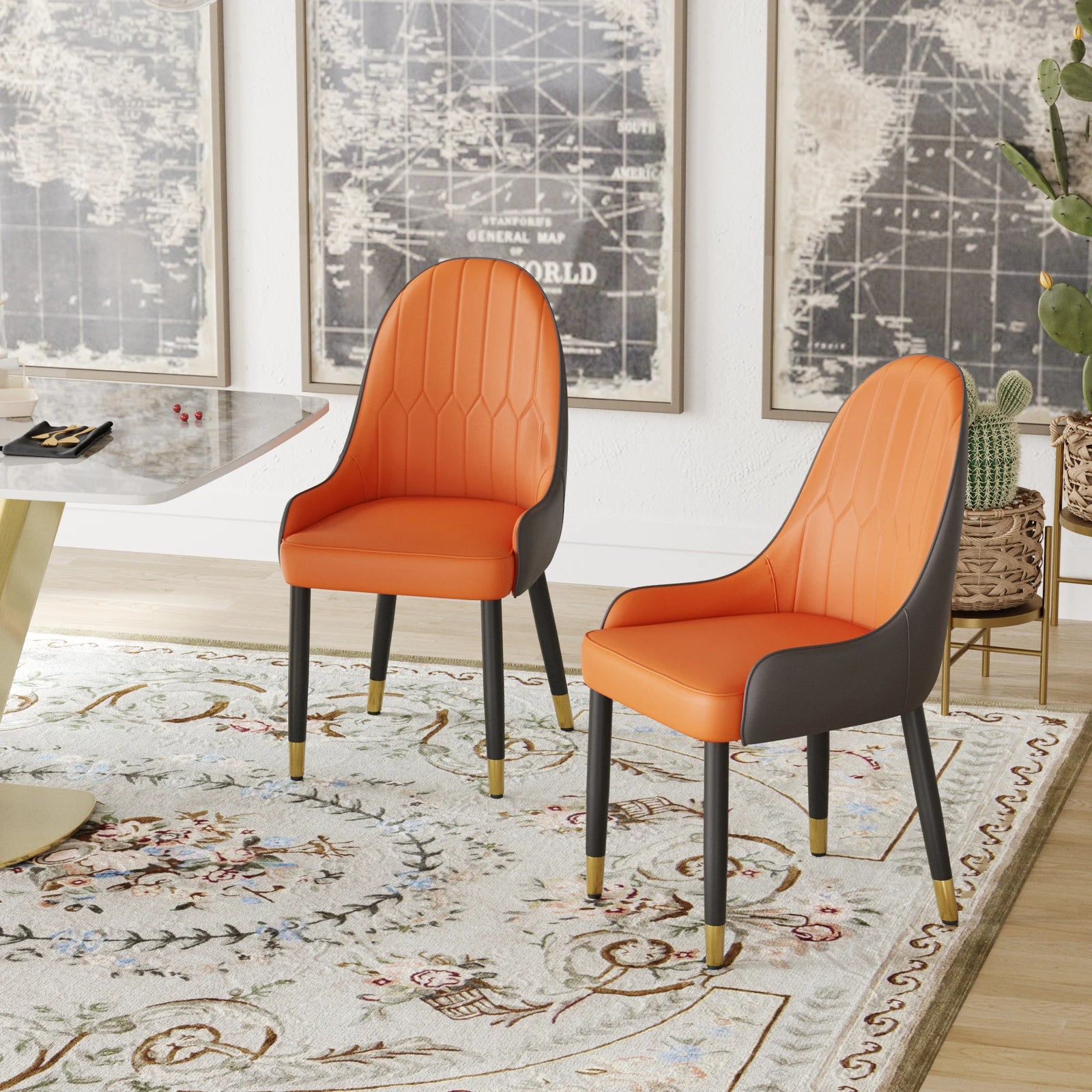 Silla de comedor vegana con respaldo completo | Cuero sintético naranja (juego de 2)