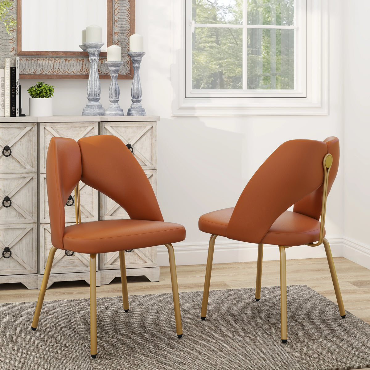 Silla de comedor vegana con respaldo abierto | Cuero sintético naranja (juego de 2)