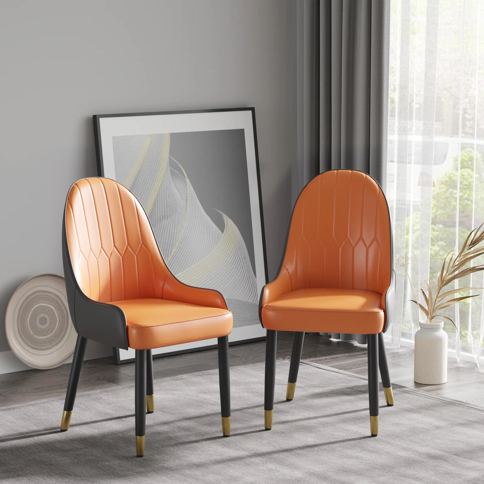 Silla de comedor vegana con respaldo completo | Cuero sintético naranja (juego de 2)