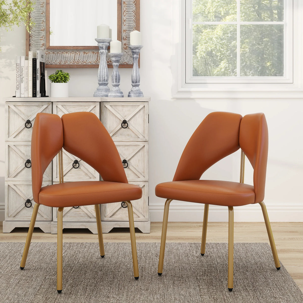 Silla de comedor vegana con respaldo abierto | Cuero sintético naranja (juego de 2)